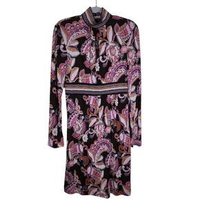 TRINA TURK‎ Dress Womens 0 Pink Black Paisley Silk Mock Neck Retro 70s Hippie